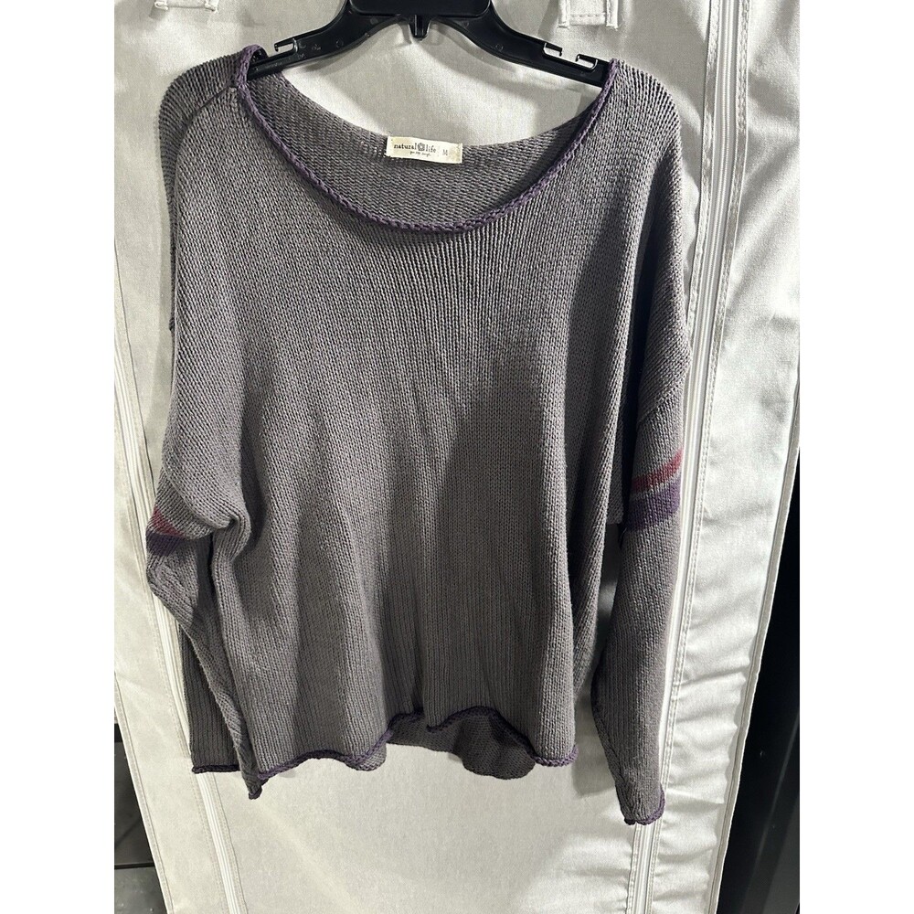 Natural Life Gray Knit Scoop Neck Relaxed Fit Sweater Size Medium Striped Trim - Picture 2 of 7